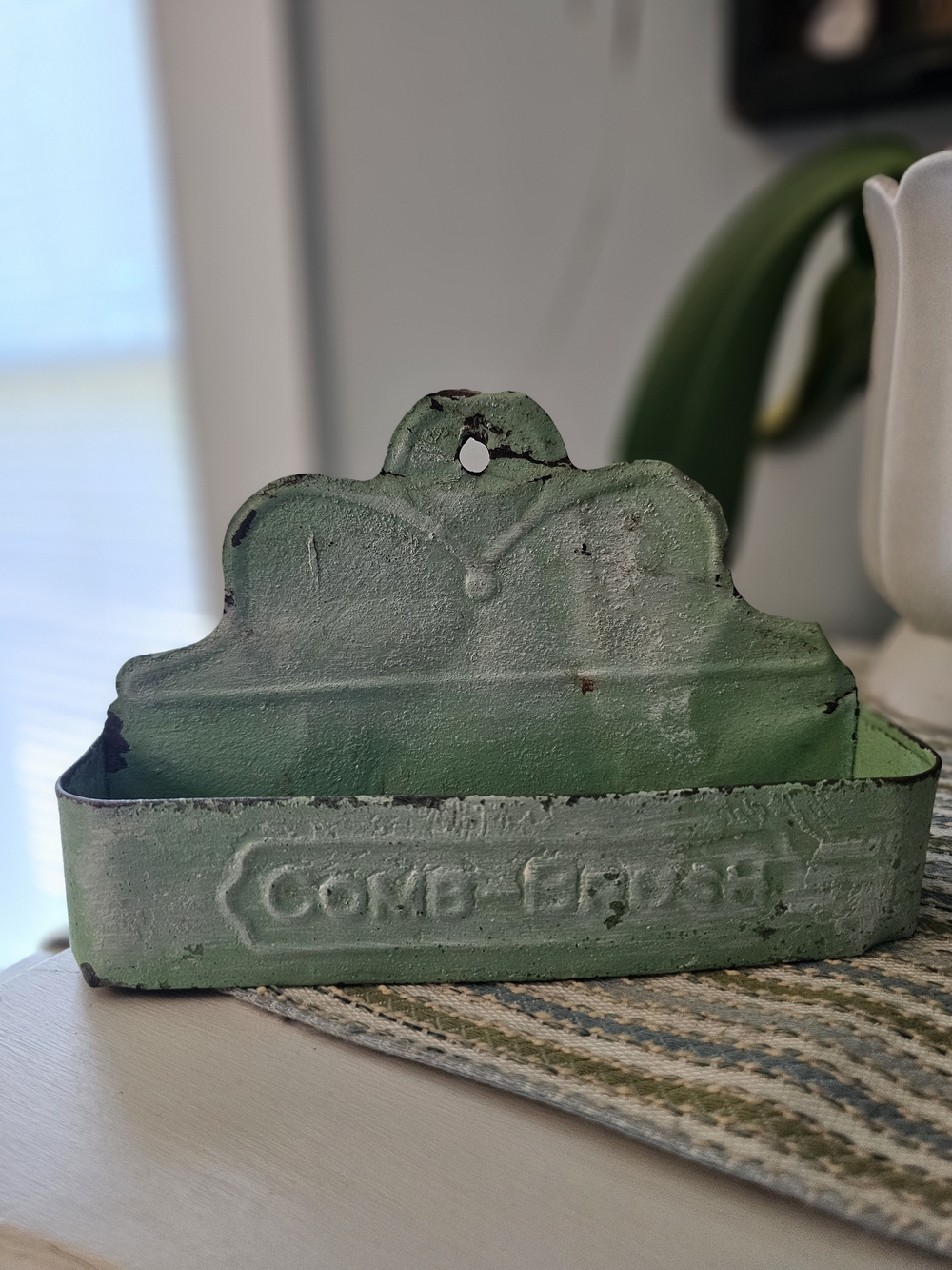 Vintage Green Metal 'Comb-Fiters' Wall Pocket